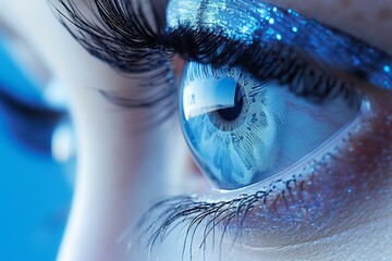 A woman's blue eye with a circuit board pattern in the iris