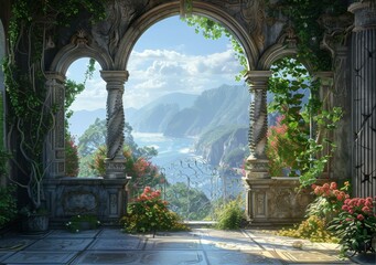 fantasy landscape with archway and flowers