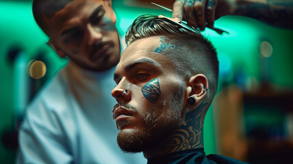 Young tattooed client sitting in the chair looking at the mirror, while the barber cuts his hair,generative ai