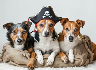 Three dogs wearing pirate hats