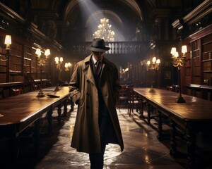 Unveil the mysterious aura of classic detective novels with a modern twist Capture a drone photo of a detective, trench coat billowing, standing before an old library