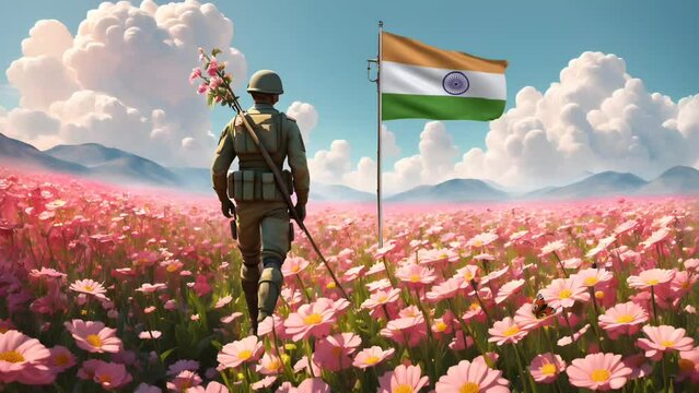 A soldier with flag of India in flower field. Seamless looping time-lapse 4k video animation background