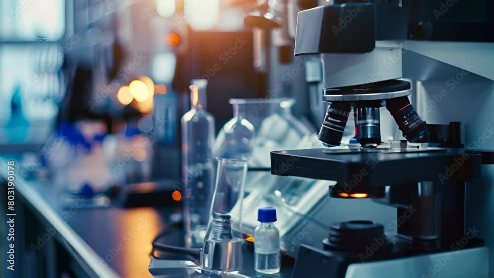 Poster a lab bench with a microscope on it. the microscope has a black frame and a blue lens. there are sev