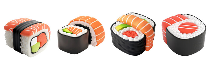 PNG sushi 3d icons and objects collection, in cartoon style minimal on transparent, white background, isolate