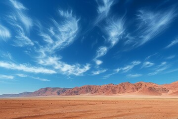 Naklejka premium A vast desert landscape with mountains in the distance and a blue sky with wispy white clouds