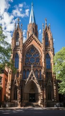Obraz premium A Gothic Revival church with a rose window and a blue sky