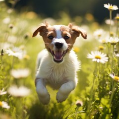 A cute puppy running through a field of daisies