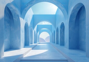 Blue 3D rendering of a long hallway with arched openings