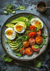 Healthy breakfast with avocado, boiled egg and tomatoes