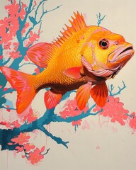 A colorful, whimsical caricature of a Red Snapper fish surrounded by a Tree of Life motif. The scene is rendered in American realism with neon blue, mustard, and powder pink hues. The ove...