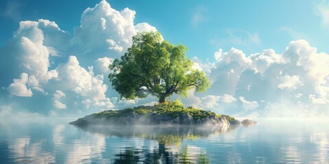 fantasy landscape with a lonely tree on an island in the middle of the ocean