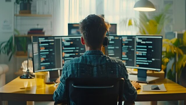 A man is sitting at a desk with three computer monitors in front of him. He is wearing headphones and he is working on a computer. The room has a yellow table and a few potted plants
