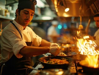 Chef in a commercial kitchen sauteing vegetables in a pan over a high flame