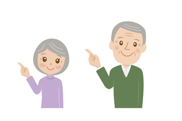 シニア夫婦、笑顔、指差し、かわいい