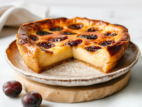 Far breton coup&eacute;, recette traditionnelle de flan p&acirc;tissier aux pruneaux originaire de Bretagne, &agrave; l'ouest de la France