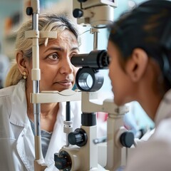 A woman is getting her eyes checked by a doctor