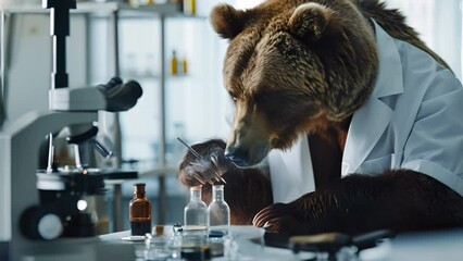 A grizzly bear in a lab coat intently examining a microscope in a high tech laboratory setting