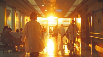 A woman in a white coat walks down a hallway with other people