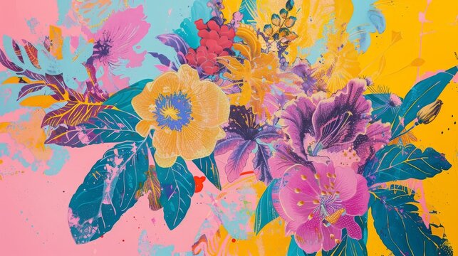 A vibrant and eclectic image featuring a plate of fried chicken surrounded by athleisure clothing, Homer Simpson, floral designs, indigenous motifs, neon teal, vivid violet, baby pink, an...