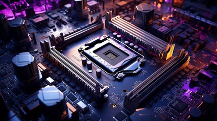 Motherboard layout showcasing CPU and microchips, topdown angle, high contrast