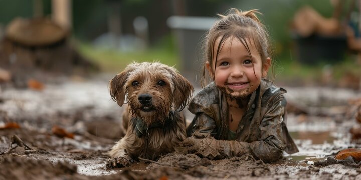 Little girl and dog covered in mud