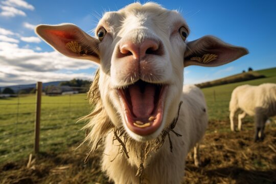 A goat is bleating in the pasture with a surprised expression on its face