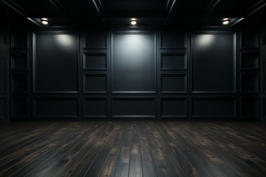 Dark wood paneled room with hardwood floor