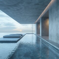 Obraz premium Modern minimalist architecture house with infinity pool overlooking the ocean