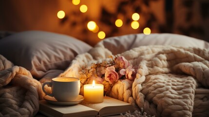 A cozy bedroom with a cup of tea, a book, and a candle