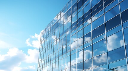 Office skyscraper with reflective windows, blue sky, side shot
