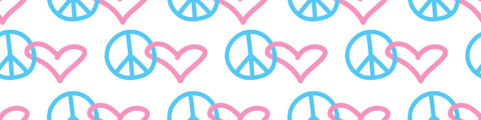 Peace and love - vector seamless pattern with international symbol of pacifism, disarmament, world peace in simple doodle flat style.