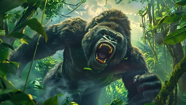 Intense gorilla screaming in a rainforest, muscles tense, amidst vibrant greenery and hanging vines, with a storm brewing overhead