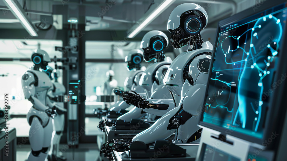 Poster a robot is sitting in front of a computer monitor with a skull on the screen. the robot is wearing a