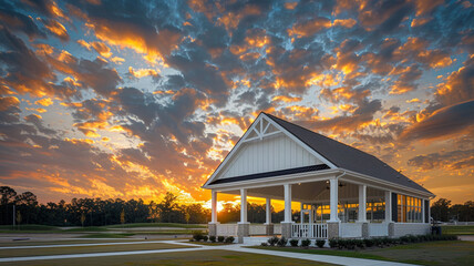 Dramatic sunset sky behind a modern clubhouse with a white porch and gable roof, captured in high-definition.