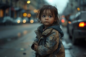 A girl dressed in old clothes on the street of the city. homeless, poor people