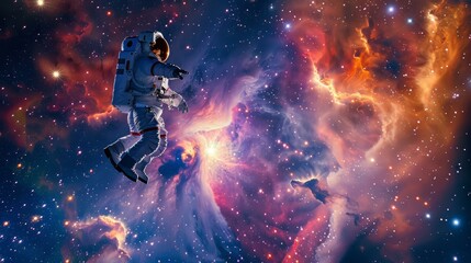 Naklejka premium Astronaut in a spacesuit floating in the vastness of space