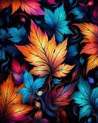 Autumn Painted Neon, deep glowing hues, rich textures, repeating seamless pattern for unique greeting cards ,  pattern