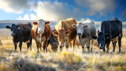 Cows grazing on a dry farm in a rural agriculture setting. Concept Farming Practices, Livestock Management, Sustainable Agriculture, Rural Landscapes, Environmental Impact