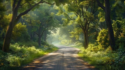 A long and winding road through a lush green forest.