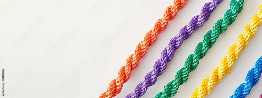 Poster a colorful rope with a rainbow pattern. the rope is made of different colored threads and is twisted