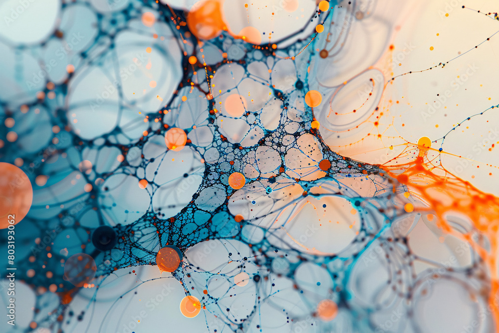 Poster colorful abstract pattern with blue and orange circles connected by lines
