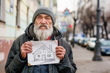 an elderly man in old clothes on the street holds a sign, a drawing with a picture of a house. poor, homeless, social problems