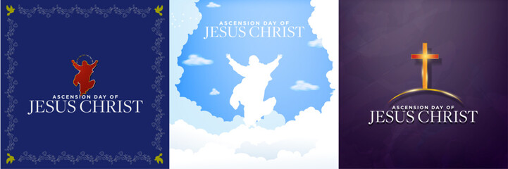 Happy Ascension Day of Jesus Christ Greeting Posters. Red and gold Jesus Symbol, white silhouette of Jesus Christ made of clouds and surrounded by clouds in heaven, Light shining on a golden cross. 