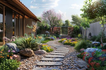 Japanese Zen garden with stone path and rock garden