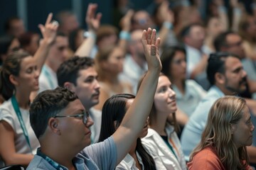 diverse attendees actively participating in conference raising hands to ask questions seminar concept