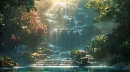 The Enchanting Beauty of Nature's Paradise: A Cascading Waterfall in the Heart of the Jungle