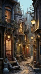 Obraz premium A digital painting of a narrow street in a medieval city.