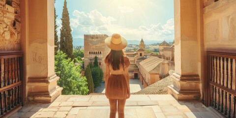 Young woman in a brown dress and a straw hat looking at the Alhambra in Granada, Spain