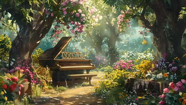 An enchanting piano rests in a secret garden surrounded by vibrant flowers and mystical light, where each note influences the blossoming of flowers