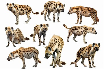 diverse group of hyenas in various poses isolated on white background digital painting